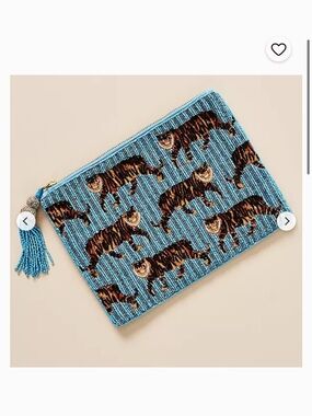 Anthropologie Beaded New Tiger Print Zip Pouch in Turquoise 10x8